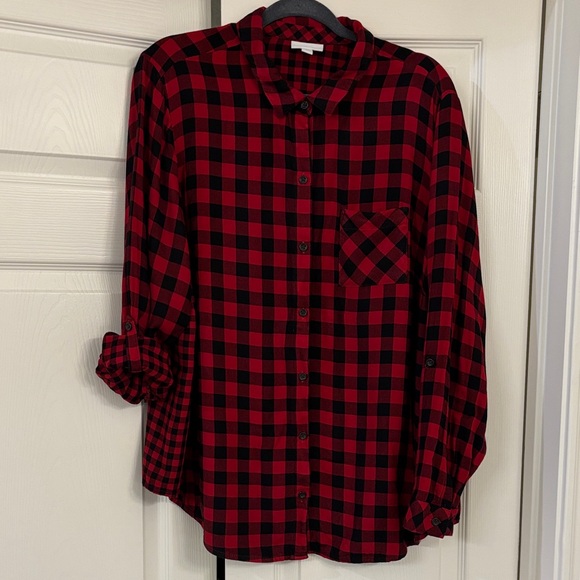 J. Jill Red and Black Plaid Button Down Shirt tunic XL - Picture 1 of 4